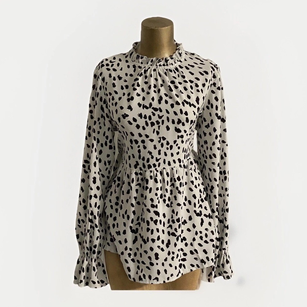 Angashion Women's Top Leopard Print Long Sleeve Ruffle Babydoll WhiteBlack Small